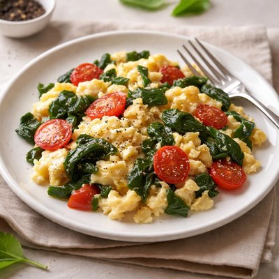 Scrambled egg with spinach and tomato
