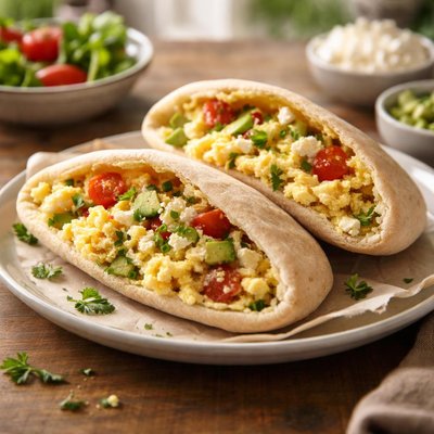 Huevos revueltos en pan de pita