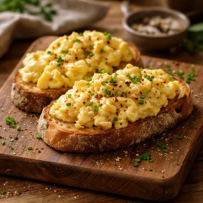 Scrambled eggs on bread