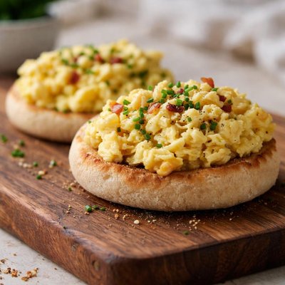 Scrambled eggs on english muffins