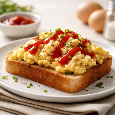 Scrambled eggs on toast with ketchup