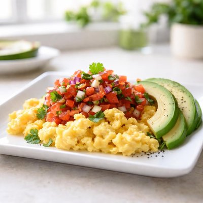 Scrambled eggs with avocado and salsa