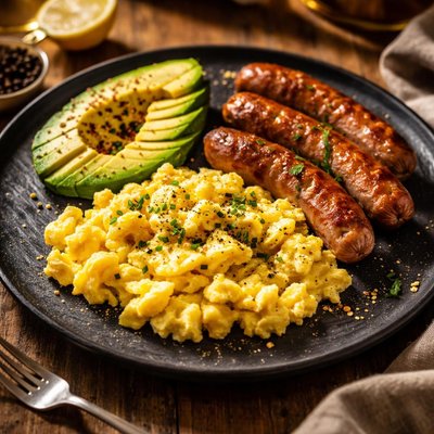 Scrambled eggs with avocado and sausage