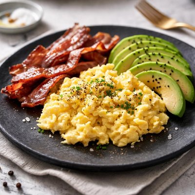 Scrambled eggs with bacon and avocado