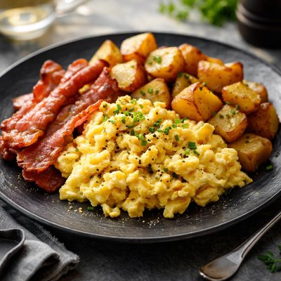 Scrambled eggs with bacon and potatoes