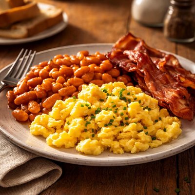 Huevos revueltos con frijoles y tocino