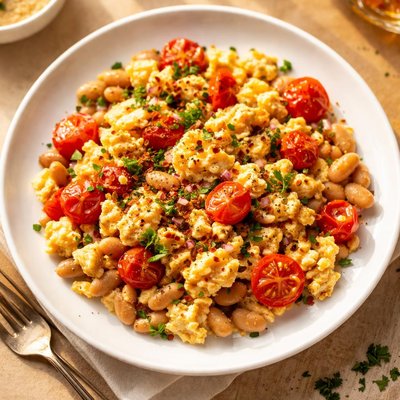 Scrambled eggs with beans and tomatoes