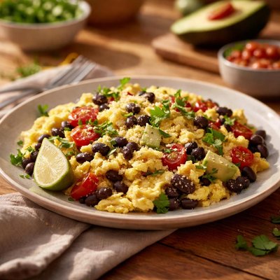 Scrambled eggs with black beans