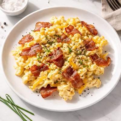 Scrambled eggs with cheese and bacon