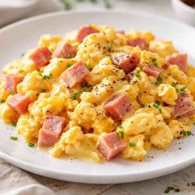 Scrambled eggs with cheese and ham