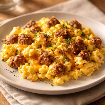 Scrambled eggs with cheese and sausage