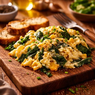 Scrambled eggs with cheese and spinach