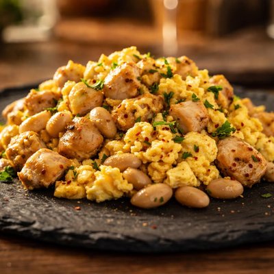 Revuelto de huevos con pollo y frijoles