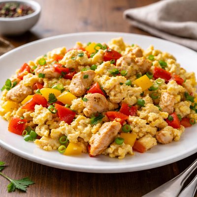 Scrambled eggs with chicken and bell peppers