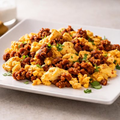 Scrambled eggs with chorizo sausage