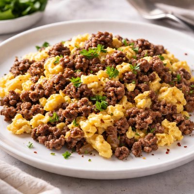 Scrambled eggs with ground beef