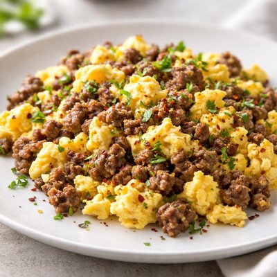 Scrambled eggs with ground meat