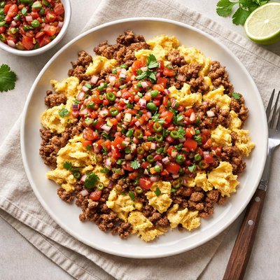 Huevos revueltos con carne molida y salsa