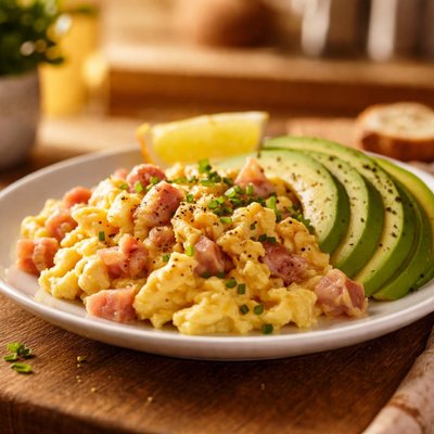 Scrambled eggs with ham and avocado