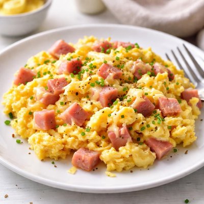 Scrambled eggs with ham and cheese