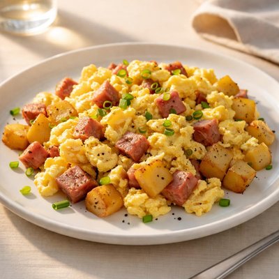 Scrambled eggs with ham and potatoes