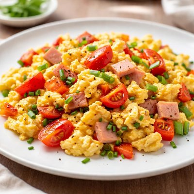 Huevos revueltos con jamón y verduras