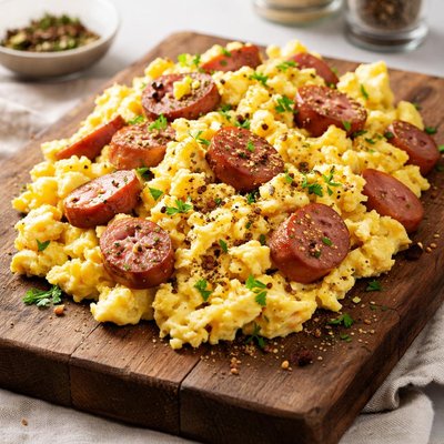 Scrambled eggs with hotdog