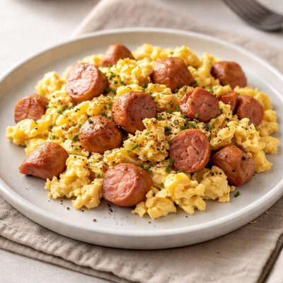 Scrambled eggs with hotdog weiner