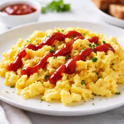 Scrambled eggs with ketchup