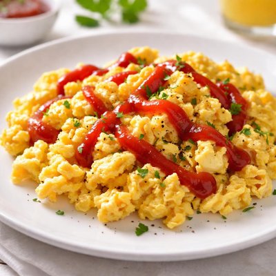Huevos revueltos con catsup.