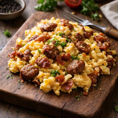 Scrambled eggs with meat
