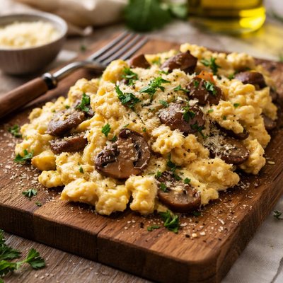 Scrambled eggs with mushrooms and cheese