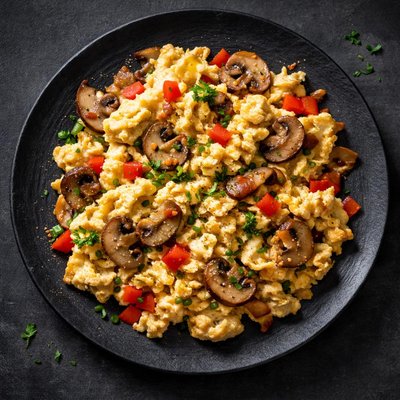 Scrambled eggs with mushrooms and peppers