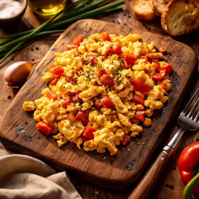 Huevos revueltos con cebolla y pimiento rojo