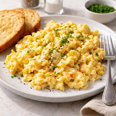 Scrambled eggs with pepper jack cheese
