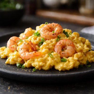 Scrambled eggs with prawns