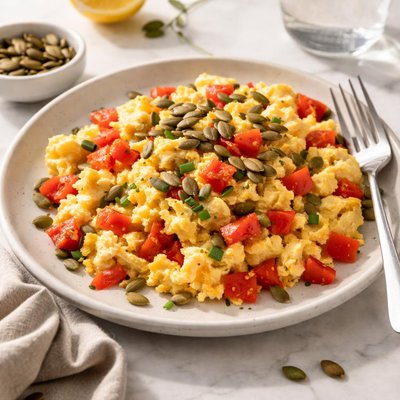 Huevos revueltos con pimientos rojos y semillas de calabaza