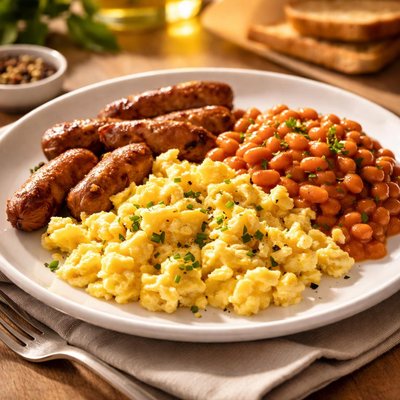 Scrambled eggs with sausage and beans