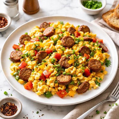 Scrambled eggs with sausage and bell peppers