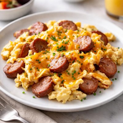 Scrambled eggs with sausage and cheese