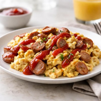 Huevos revueltos con salchicha y salsa de tomate