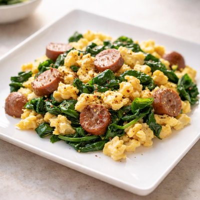 Scrambled eggs with sausage and spinach