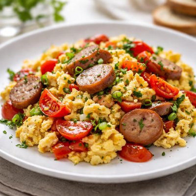 Scrambled eggs with sausage and vegetables