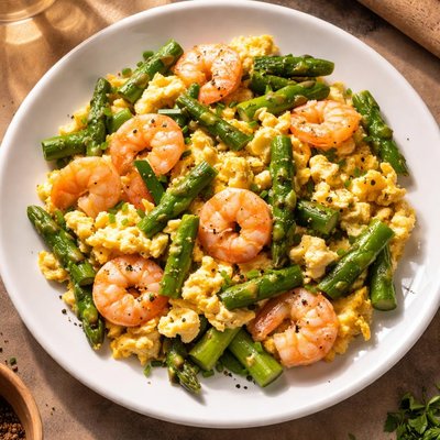 Scrambled eggs with shrimp and asparagus