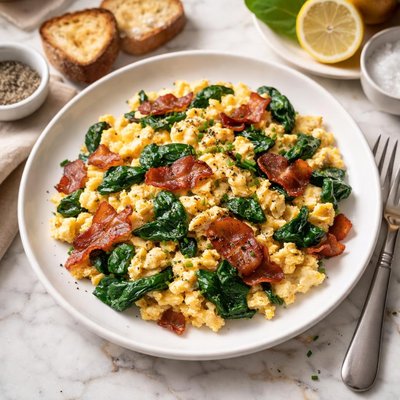 Scrambled eggs with spinach and bacon