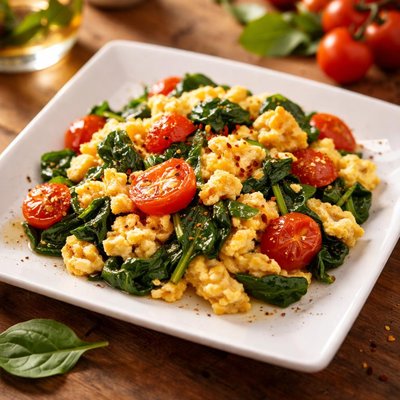 Scrambled eggs with spinach and cherry tomatoes
