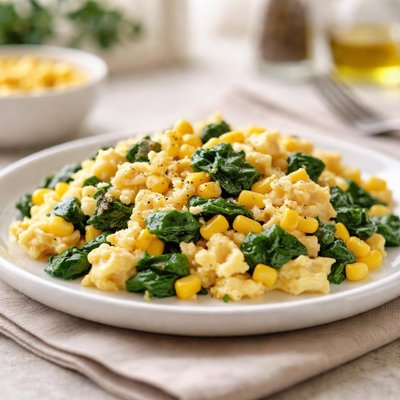 Scrambled eggs with spinach and corn