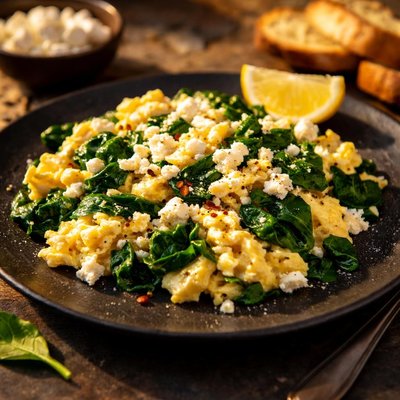 Scrambled eggs with spinach and feta