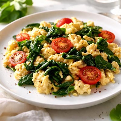 Scrambled eggs with spinach and tomatoes