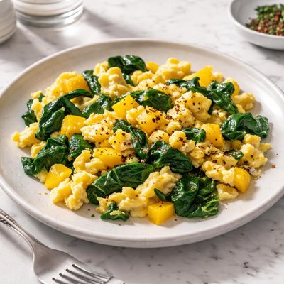 Scrambled eggs with spinach and yellow bell pepper